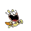 a pixel art drawing of a cartoon character running with a surprised look on his face .