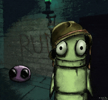 a drawing of a robot with a helmet and a purple ball with big eyes by brian jones