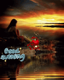 a woman sits on a rock near a body of water with the words good evening written below her