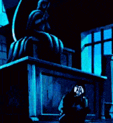 a cartoon character is kneeling on the floor in front of a window in a dark room .
