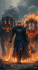 a man in armor is chained to a lion and a tiger