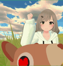 a girl in a white hoodie sits on a stuffed animal