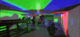 a computer generated image of people standing in a hallway with green and blue lights behind them