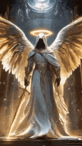 an angel with wings and a halo is holding a sword and standing in a dark room .