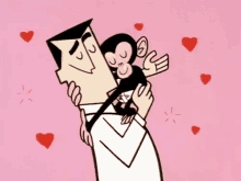 a cartoon man is holding a monkey with hearts around him