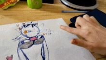 a person pointing at a drawing of a cat with the word tiki written on it