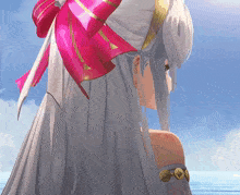 a drawing of a girl with long white hair and a pink bow in her hair