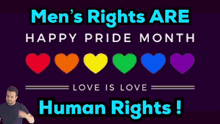 a man points at a sign that says men 's rights are happy pride month love is love human rights