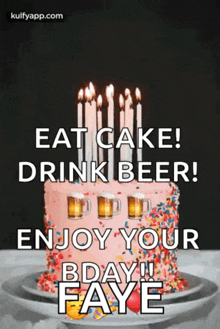 a birthday cake with candles and beer on it