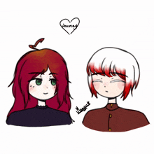 a drawing of a girl with red hair and a drawing of a girl with white hair and a heart that says journey