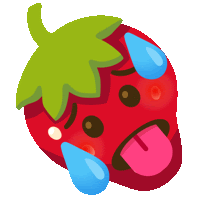 a crying strawberry with its tongue sticking out and tears on its face