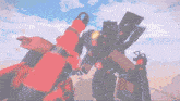 two robots are fighting each other in a video game with a blue sky behind them