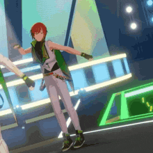 a cartoon character is dancing on a stage in front of a green sign .