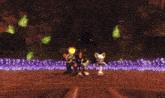 a video game character with purple gloves is fighting a purple monster