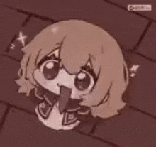 a cartoon girl is sitting on a brick floor looking up at the camera .