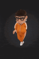 a cartoon character wearing glasses and an orange track suit