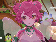 a fairy with pink hair and a green bird behind her says " see you "