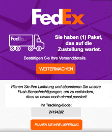 a fedex tracking code is displayed in a purple background