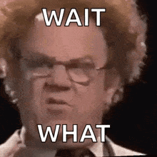 a man wearing glasses and a wig is making a funny face and says `` wait what '' .