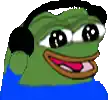 a cartoon frog wearing headphones and a blue shirt is smiling .