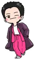 a cartoon drawing of a man wearing a pink suit