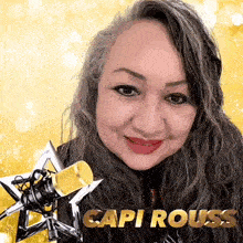 a woman is smiling in front of a microphone with the name capri rousse written on the bottom