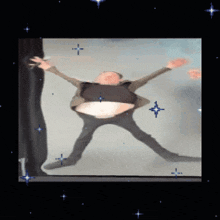 a picture of a man with his arms outstretched and a huge belly