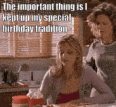 a woman sitting at a table with the words " the important thing is i kept up my special birthday tradition " on the bottom