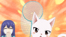 a white cat with a fishing net around its neck looks at the camera