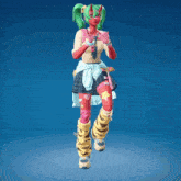 a girl with green hair and horns is dancing with her arms outstretched