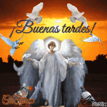 a painting of an angel with the words buenas tardes written on it