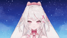 a girl with white hair and a pink hat with a cross on it