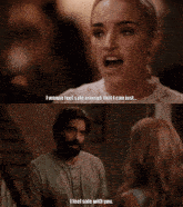 a man with a beard is talking to a woman who says i feel safe with you