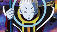 a cartoon character is holding a blue ring in his hand