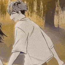 a man and a woman are standing next to each other in a black and white drawing .