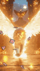 a lion with wings is surrounded by letters including a and m