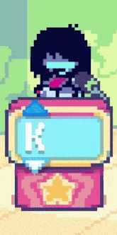 a pixel art drawing of a person sitting on top of a box with the letter k on it