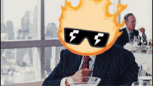 a man in a suit and tie with a fireball on his head