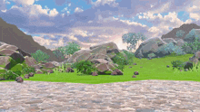 a painting of a rocky landscape with grass and trees