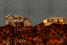 a house sits on top of a hill with a pile of dirt in front of it