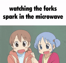 a couple of anime characters standing next to each other with the words watching the forks spark in the microwave above them