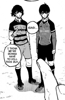 a black and white drawing of two soccer players standing next to each other with a speech bubble .