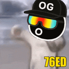 a drawing of a person wearing sunglasses and a hat that says og 76ed