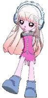 a pixel art drawing of a girl wearing ear muffs and a pink dress