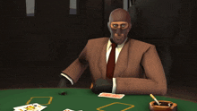 a man in a suit and tie is holding a gun while playing poker