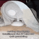 a white fan is sitting under a blanket with the words asking the highly intelligent fan if i should quit gambling below it