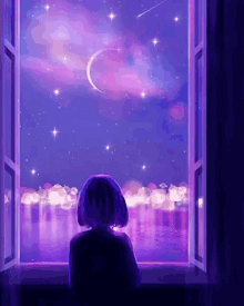 a girl with purple hair is looking out a window at a night sky with a crescent moon