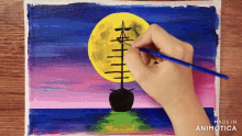 a person is painting a boat with a full moon in the background and the words made in animatica below it