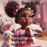 a little girl praying next to a white dog with the words good night