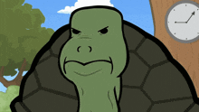 a cartoon of a turtle with a clock in the background that shows the time as 3:00
